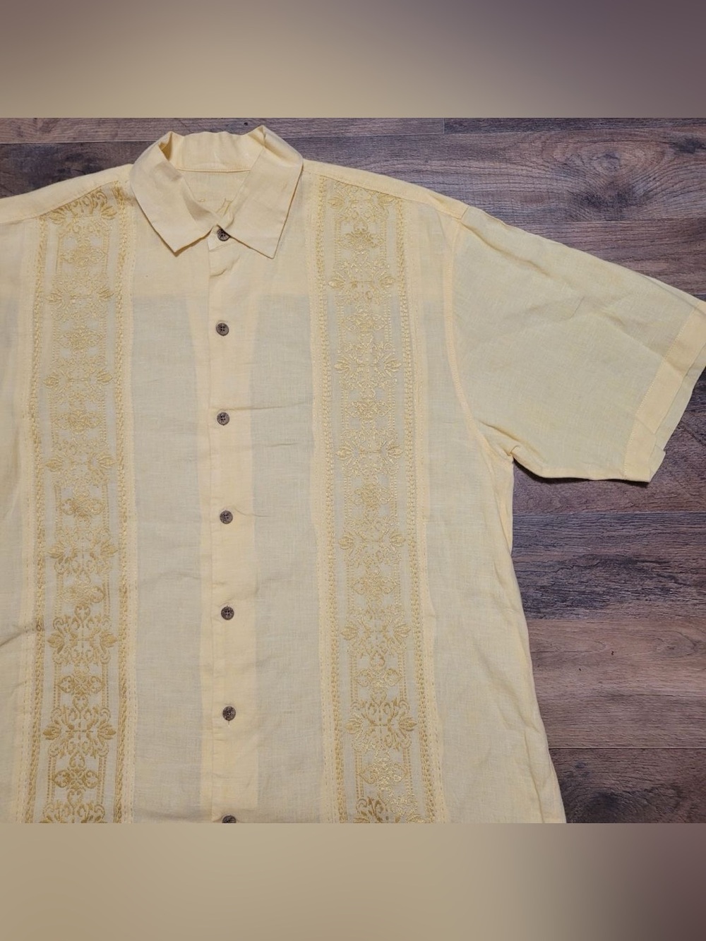 Men's Tommy Bahama Guayabera 100% Linen Yellow Cream Embroidered Shirt Size L